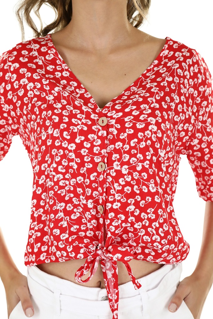 Red floral tie blouse